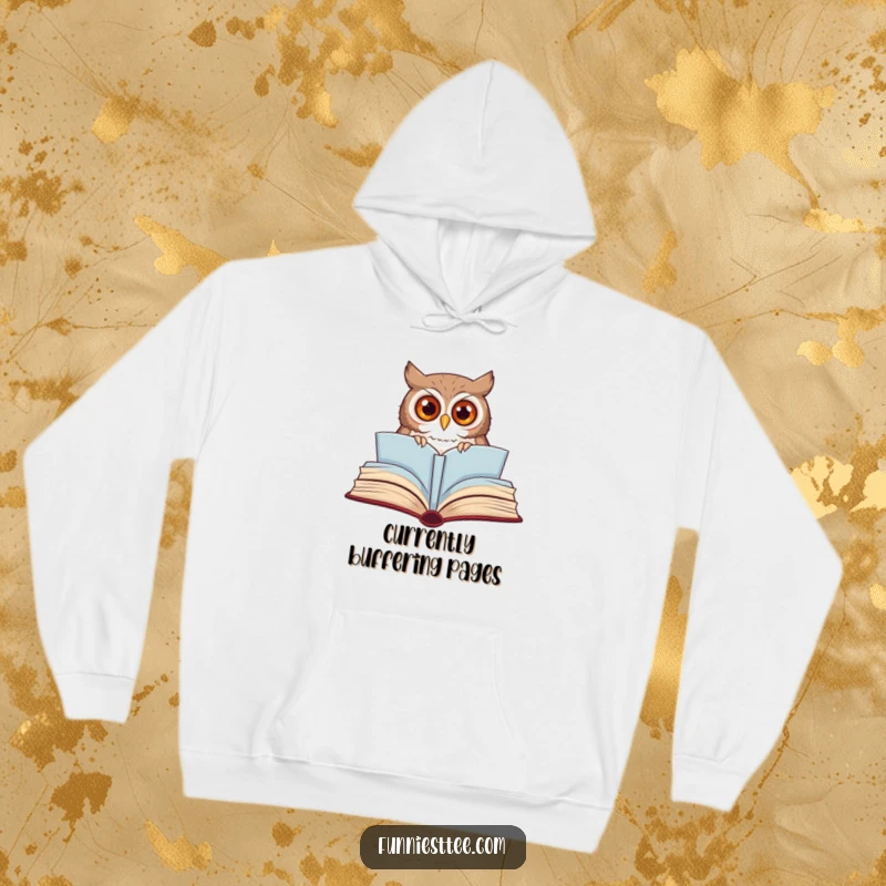 Funny owl hoodie with a curious owl peeking from a huge, open storybook, offering warmth and whimsical literary fun.