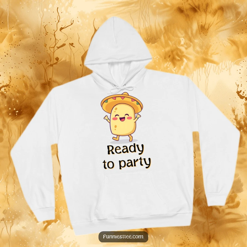 Funny hoodie featuring a delighted taco in a sombrero, energetically tapping its feet, perfect for cozy fun.