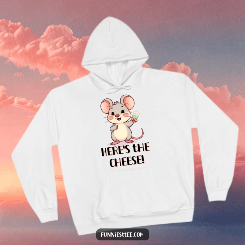 Funny cheerful mouse holding a glowing USB drive, pointing encouragingly at a screen, on a warm and cozy hoodie.