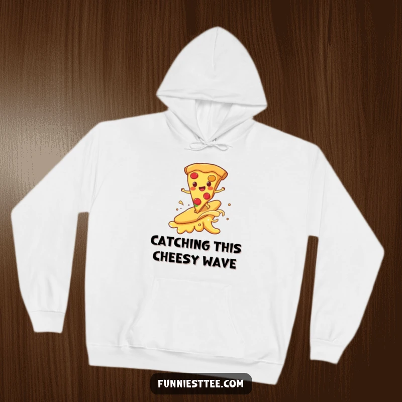 Funny hoodie depicting a happy pizza slice surfing on a melting cheese wave, offering cozy and humorous food-themed comfort for pizza lovers.