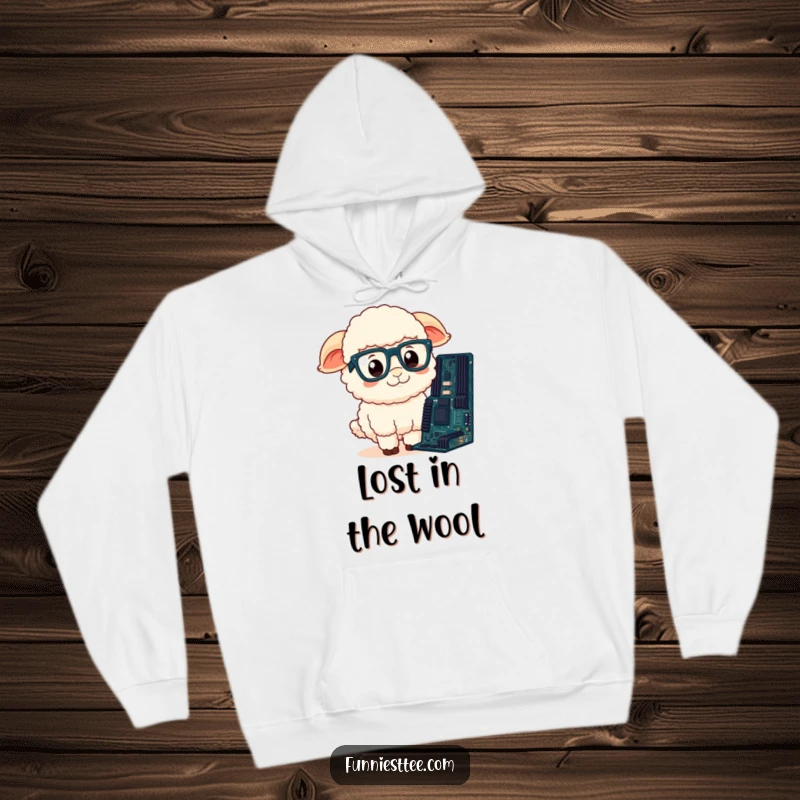 Funny Sheep Hoodie: A fluffy sheep wearing oversized glasses looks confused while staring at a computer motherboard, great funny gift.