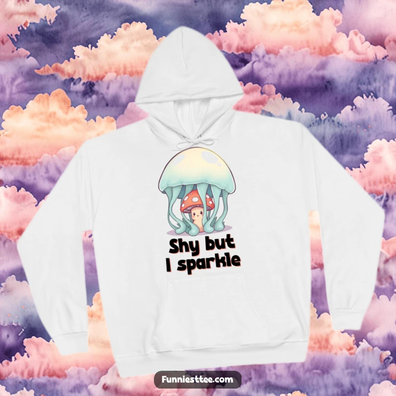 Funny shy mushroom character hiding behind a large, wobbly jelly on a hoodie, offering a cozy and humorous visual.