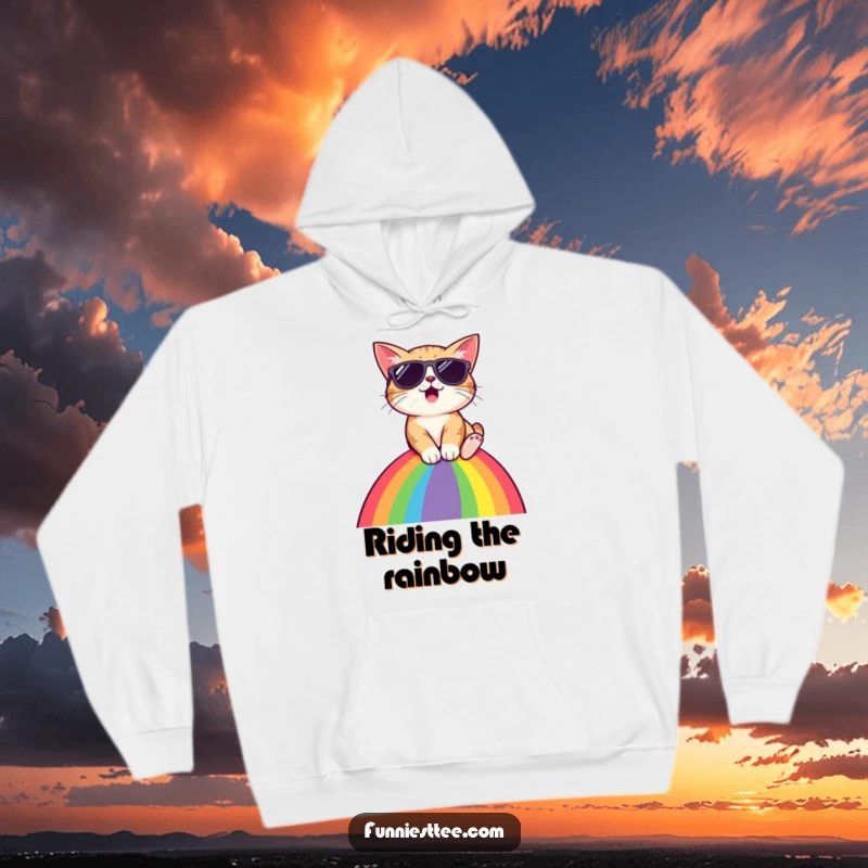 Funny surprised cat, sunglasses, sliding down rainbow, cozy hoodie design, radiating cool humor, great gift.