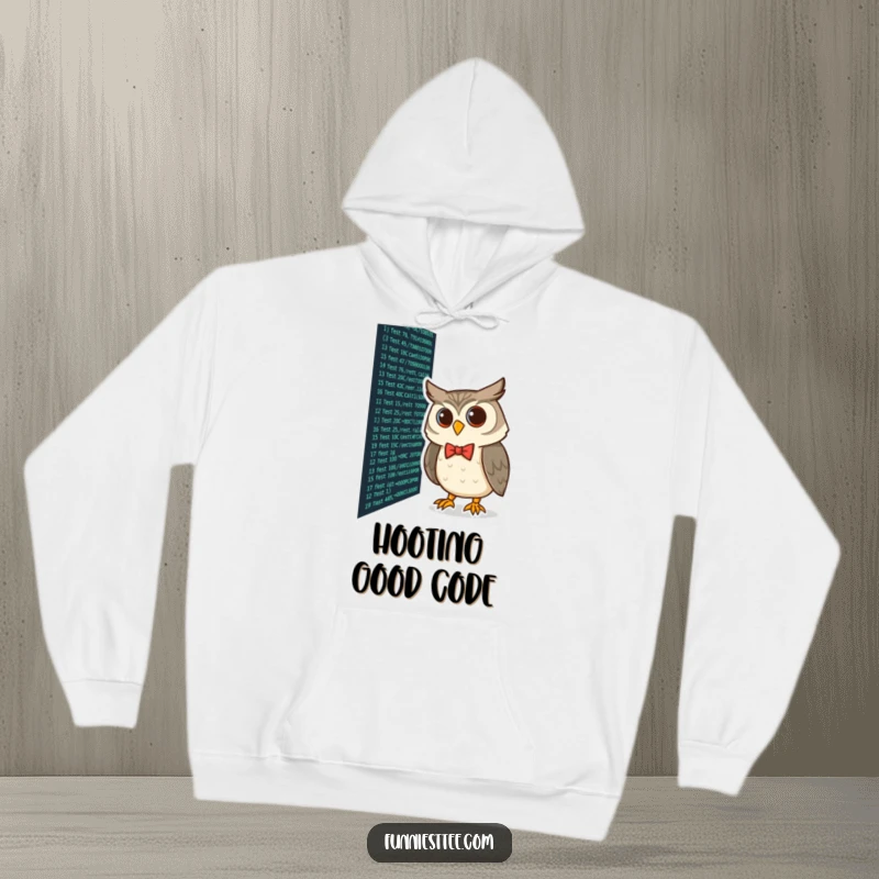 Funny curious owl wearing a bow tie peering at lines of code on a screen, coding humor on a cozy hoodie.