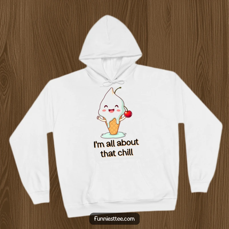 Funny ice cream hoodie featuring a smiling, melting cone reaching for a cherry high-five, offering warmth and humorous dessert-themed style.