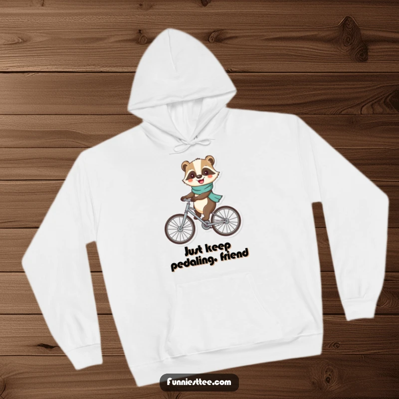 Funny badger hoodie with a cheerful badger wearing a scarf, cycling a bicycle with large, unsteady wheels.