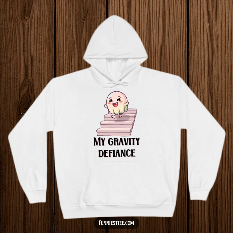 Funny hoodie with a wobbly jelly character energetically bouncing down stairs, offering a cozy and humorous way to express joy.