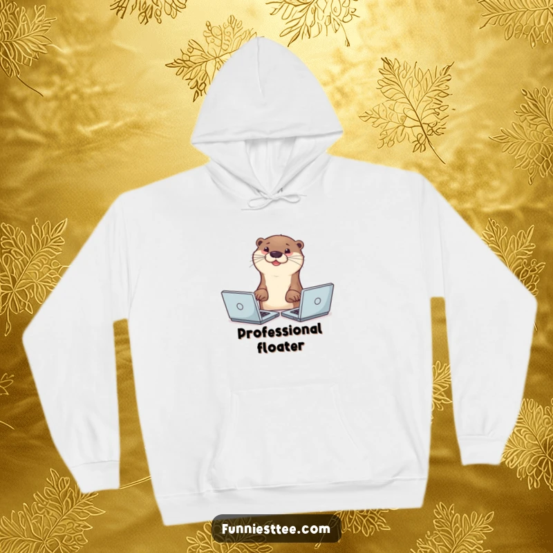Funny smiling otter typing with two paws on multiple laptops simultaneously, busy animal humor on a cozy hoodie.
