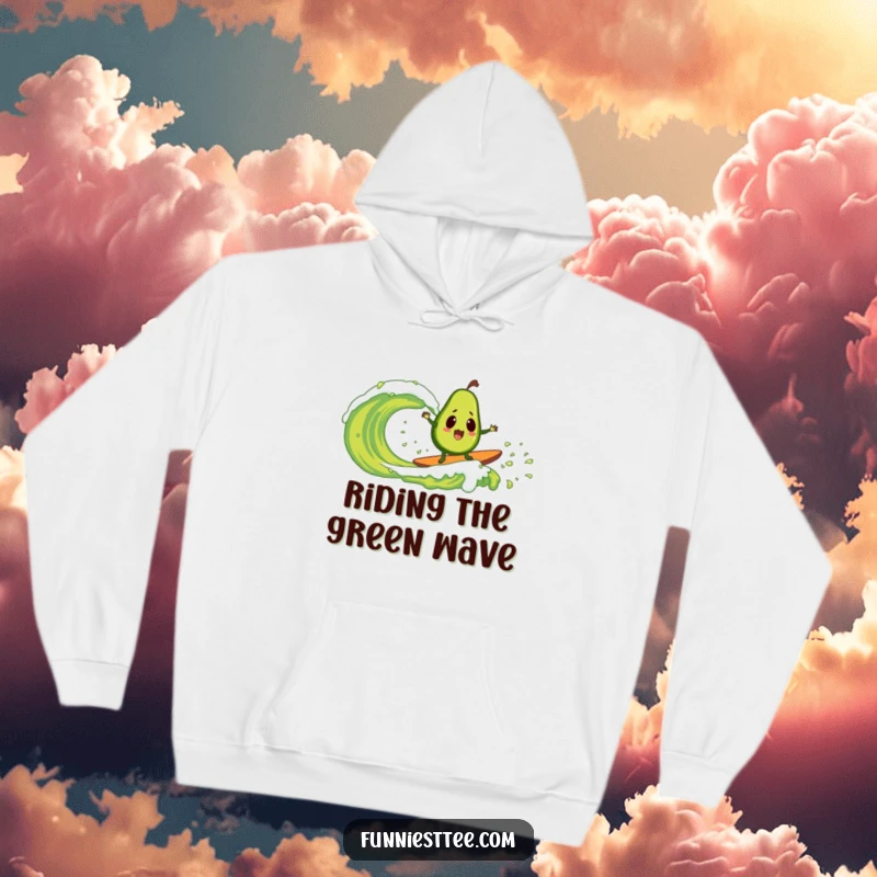 Funny hoodie showing a stunned avocado catching a giant guacamole wave, capturing a moment of extreme, comical surf excitement.