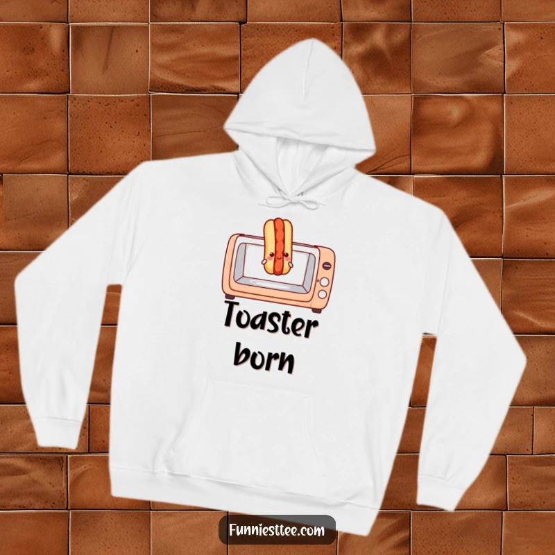 Funny hot dog hoodie illustrating a grinning hot dog launching from a toaster oven, perfect for cozying up with hilarious food art.