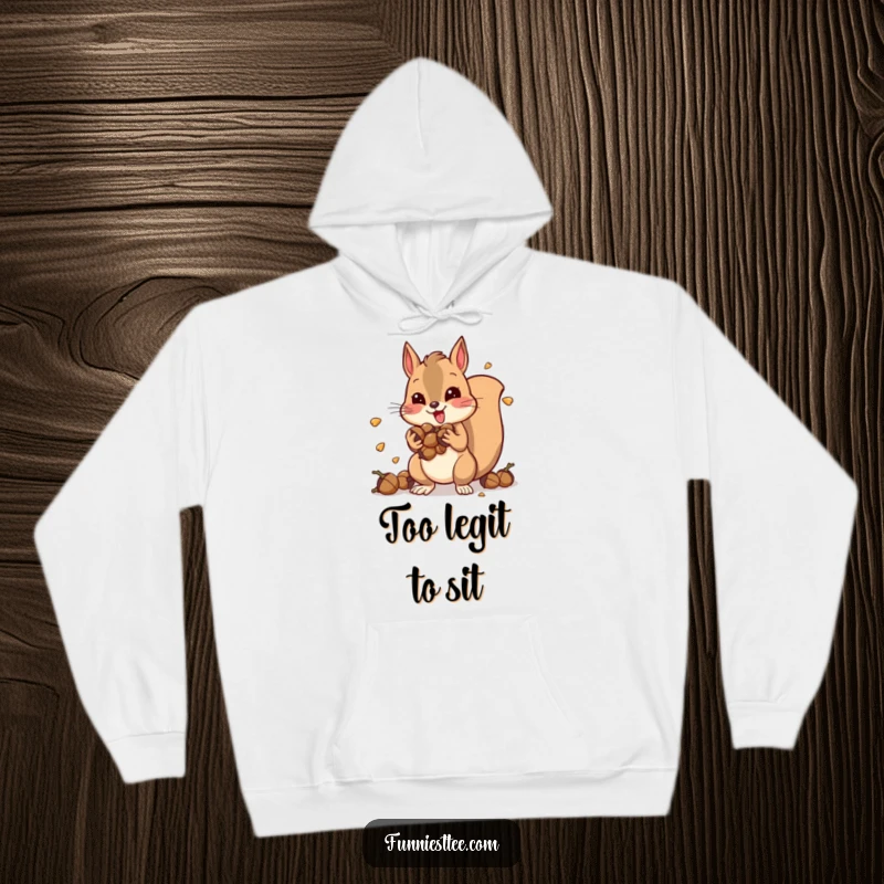 Funny hoodie featuring a squirrel crammed with acorns, vibrating with frantic energy, offering warmth and a humorous statement piece.