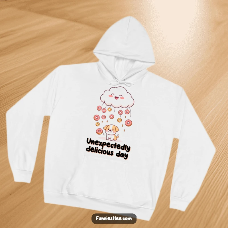 Funny hoodie featuring a smiling cloud raining donuts onto a bewildered dog below, a scene of sweet, unexpected, and cozy canine confusion.