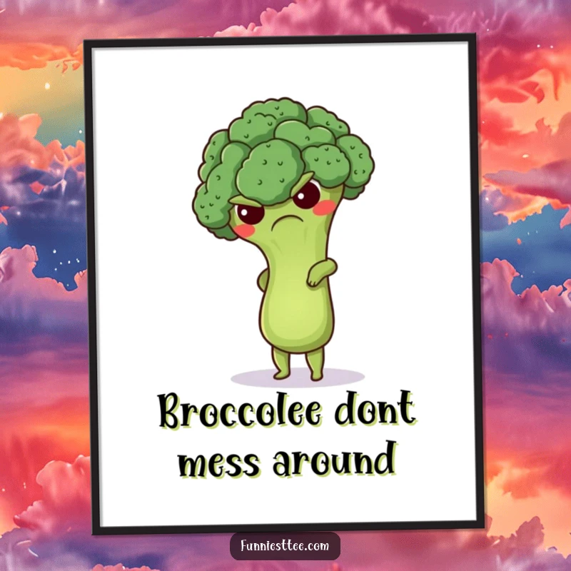 Funny Free Printable Wall Art featuring a grumpy but cute broccoli floret attempting a handstand, creating a humorous and quirky visual.
