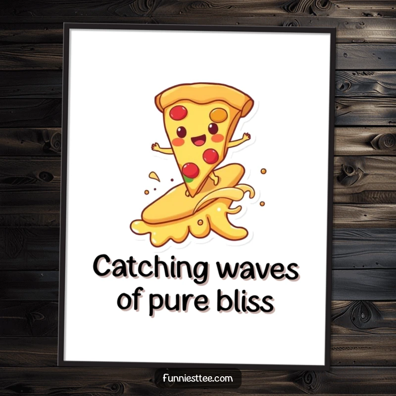 Funny Free Printable Wall Art: A happy pizza slice surfing a dynamic wave of melting cheese, a humorous artwork.