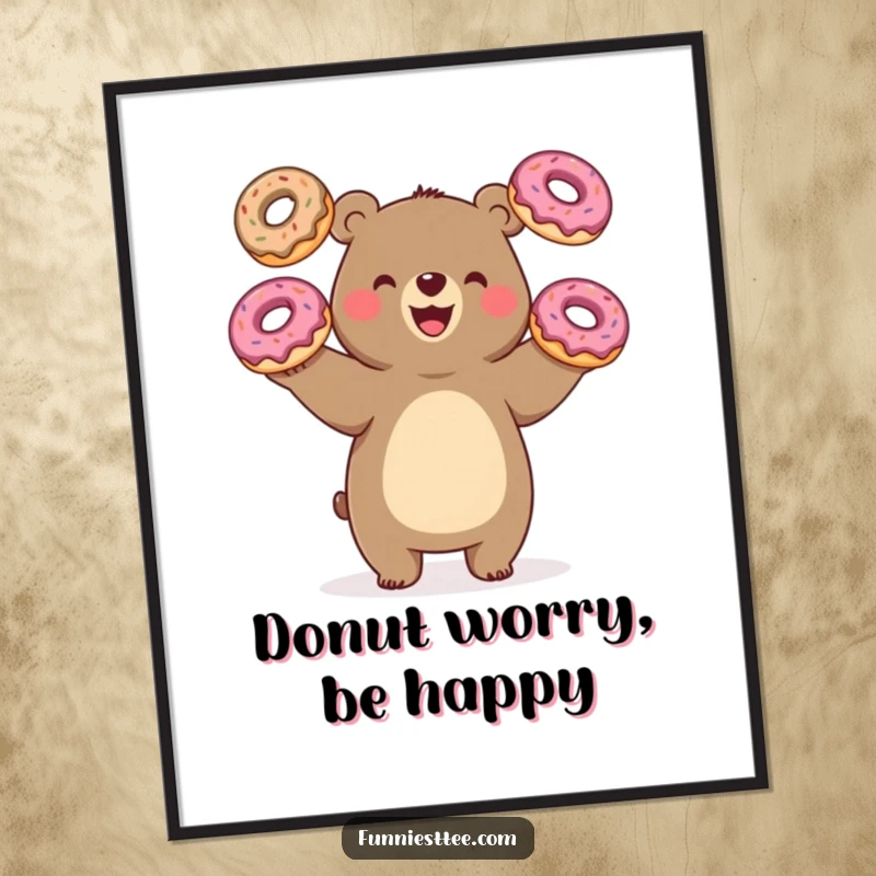 Funny Free Printable Wall Art: Happy bear comically juggling three oversized donuts with one paw. Playful and delicious printable decor.