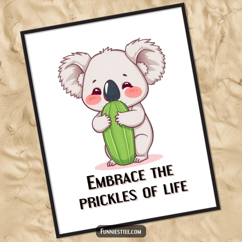 Funny Free Printable Wall Art: A koala attempting to hug a cactus, showcasing a humorous embrace.