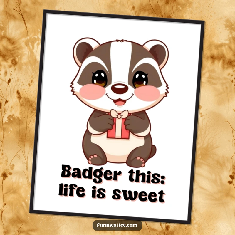 Funny Free Printable Wall Art: A happy badger with rosy cheeks offers a small gift with both paws, radiating warmth and generosity.