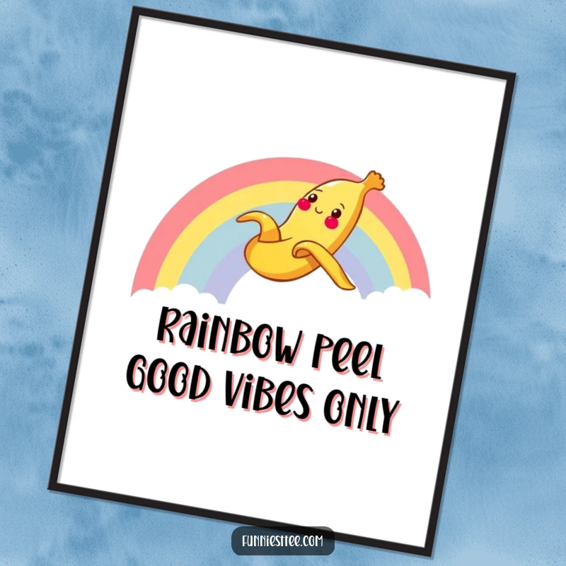 Funny Free Printable banana peel wall art, a cheerful peel sliding gleefully down a vibrant rainbow.