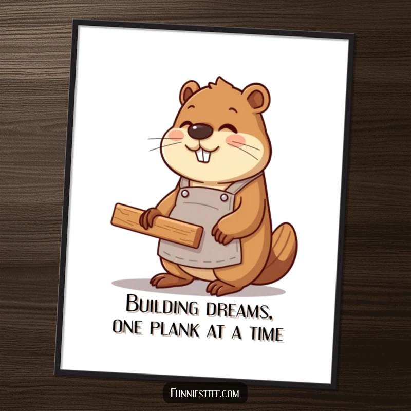 Funny Free Printable Wall Art: Busy beaver in apron constructing a website with wood planks, a humorous digital art piece.