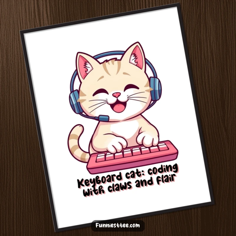 Funny Free Printable wall art of a happy cat wearing a headset, typing on a keyboard.