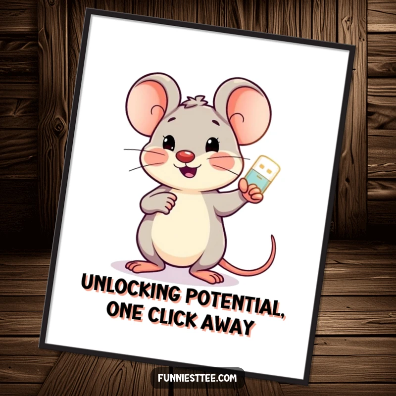 Funny Free Printable Wall Art: Cheerful mouse holding glowing USB drive points encouragingly at a screen, inspirational tech art.