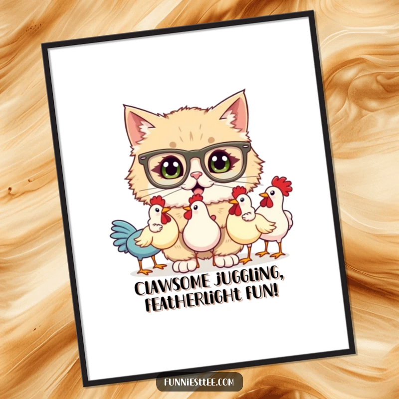 Funny Free Printable Wall Art: Cat in oversized glasses humorously juggles three rubber chickens for decor.