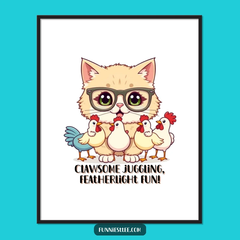 Free Printable Funny Cat Juggling Chickens Wall Art - Hilarious Downloadable Decor