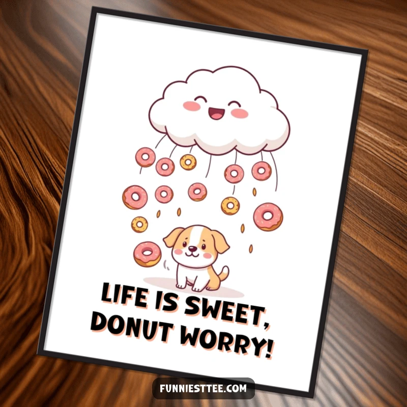 Funny Free Printable Wall Art: Smiling cloud rains donuts onto a surprised dog, a whimsical scene.
