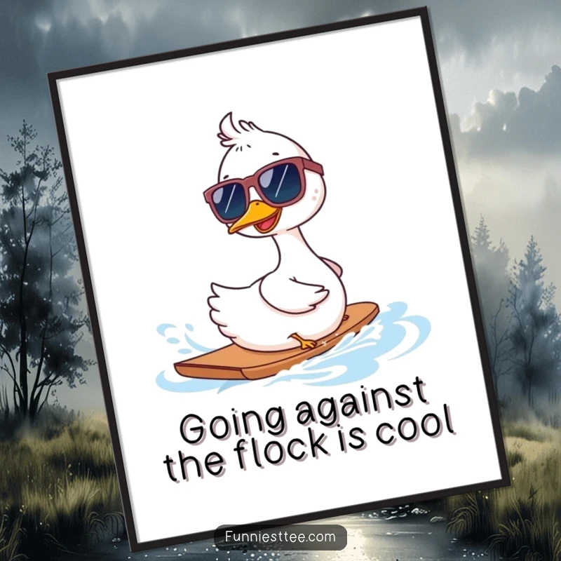 Funny Free Printable Wall Art: A goose sporting shades enjoys backwards waterskiing, bringing radical humor to your space.