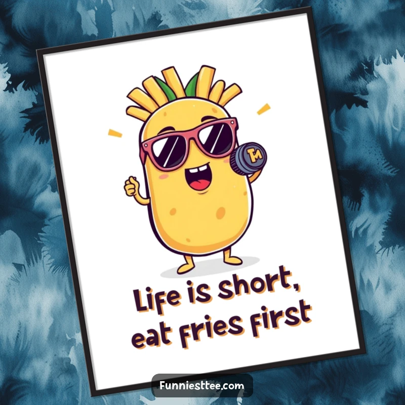 Funny Free Printable Wall Art: A potato wearing cool sunglasses strikes a dramatic pose with a French fry microphone.