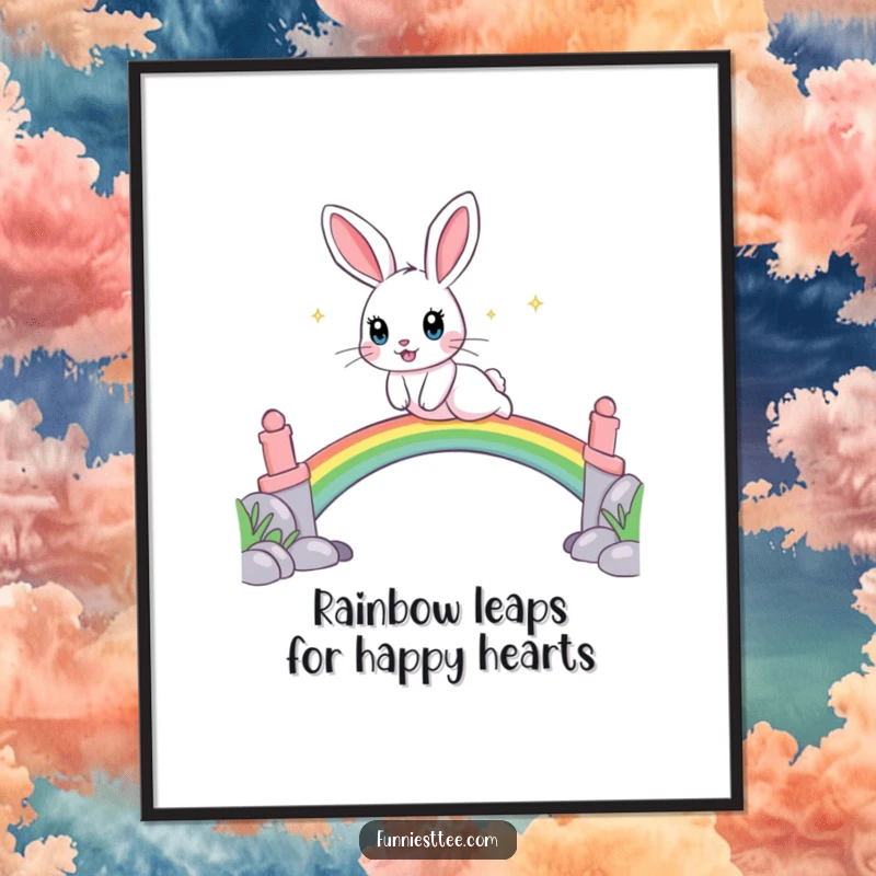 Funny Free Printable Wall Art: A playful rabbit with sparkling eyes leaps over a vibrant rainbow bridge, adding whimsical fun.