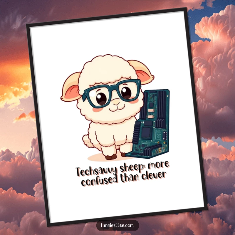 Funny Free Printable wall art of a fluffy sheep wearing glasses, puzzled by a motherboard.