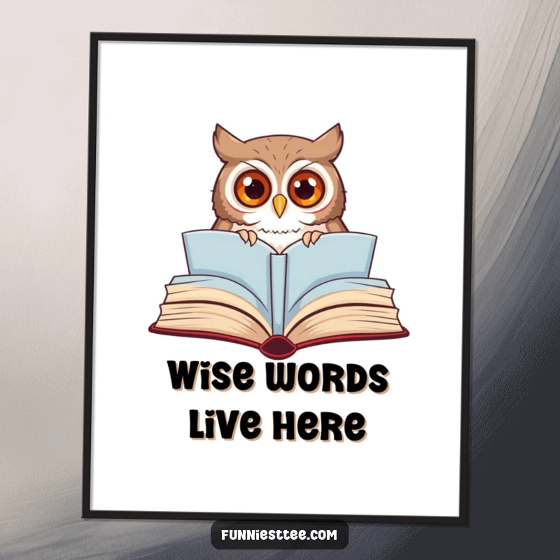 Funny Free Printable Wall Art: Curious owl peeking from a giant open storybook, wide-eyed and inquisitive, adding whimsical charm to any room.