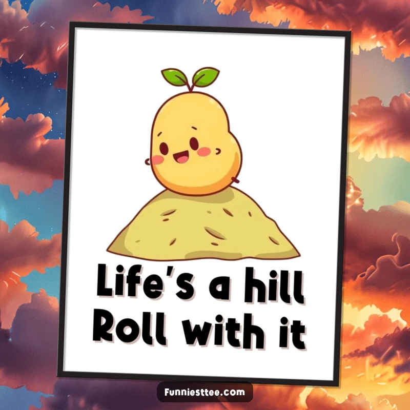 Funny Free Printable Wall Art: A determined potato joyfully rolls down a miniature hill, bringing smiles to your room.