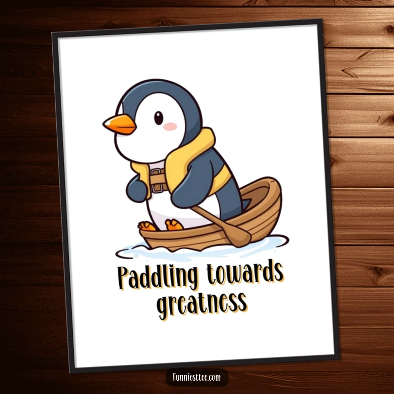Funny Free Printable Wall Art: Determined penguin in a tiny life vest, bravely paddling a small boat forward with intense focus and perseverance.