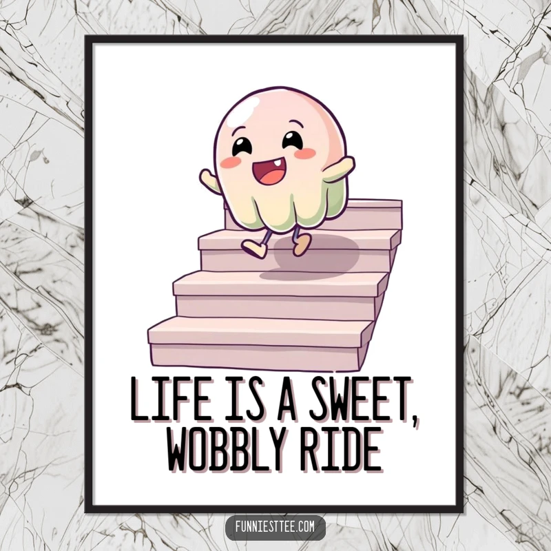 Funny Free Printable Wall Art capturing a cheerful, wobbly jelly character mid-bounce down a set of stairs with pure delight.