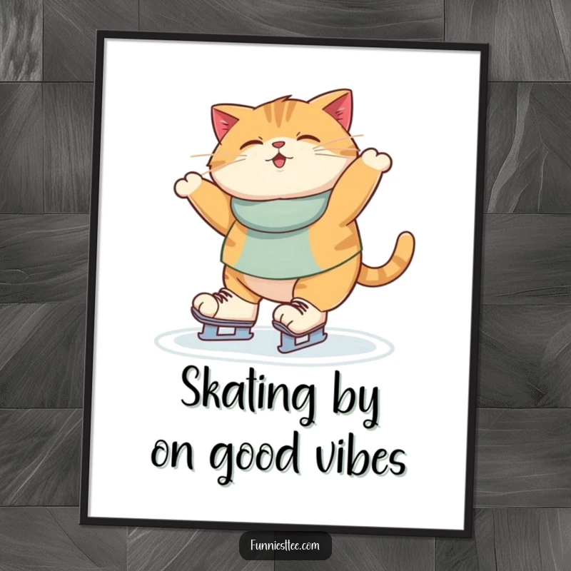 Funny Free Printable Wall Art: A round cat wobbles dramatically on ice skates, bringing humor to your decor.