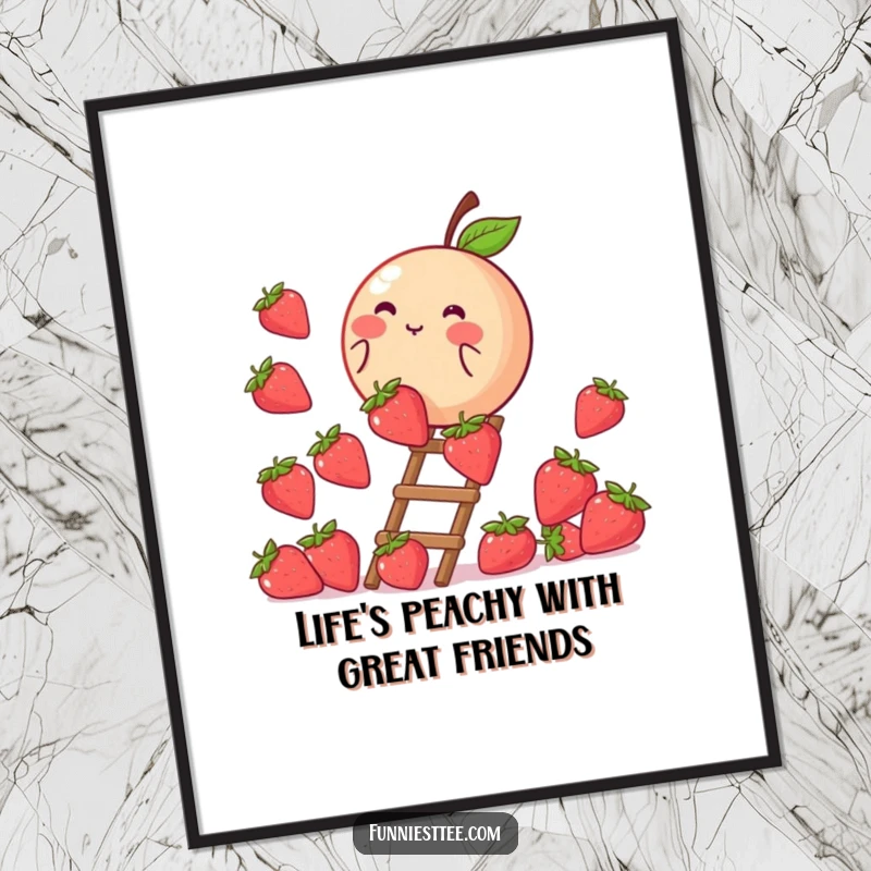 Funny Free Printable Wall Art: Round blushing peach earnestly climbing a ladder constructed from ripe strawberries, a delightful scene.