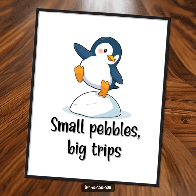 Funny Free Printable Wall Art: Penguin dramatically trips over a single, small icy pebble on the ground.
