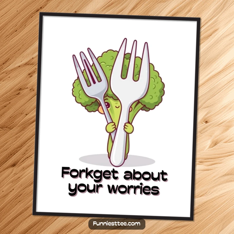 Funny Free Printable Wall Art depicting a shy broccoli character using a comically large fork and spoon as a hiding spot.