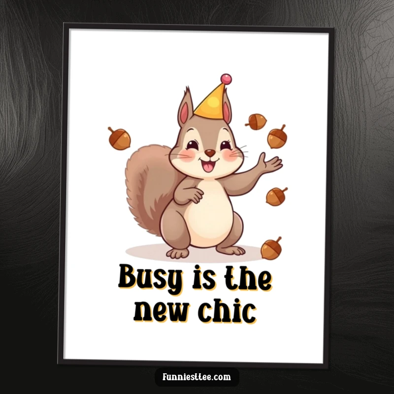 Funny Free Printable Wall Art: A happy squirrel wearing a party hat juggles acorns energetically.