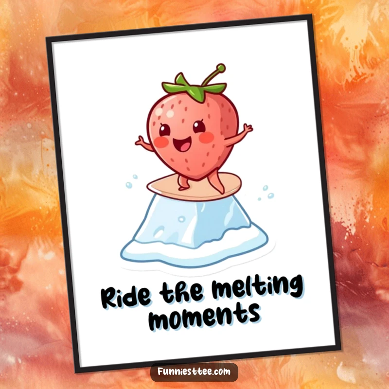 Funny Free Printable Wall Art: Cheerful strawberry attempts to surf on a dynamically melting ice cube.
