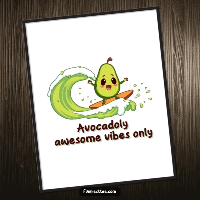 Funny Free Printable Wall Art: Surprised avocado in mid-surf on a massive guacamole wave, a truly epic moment.