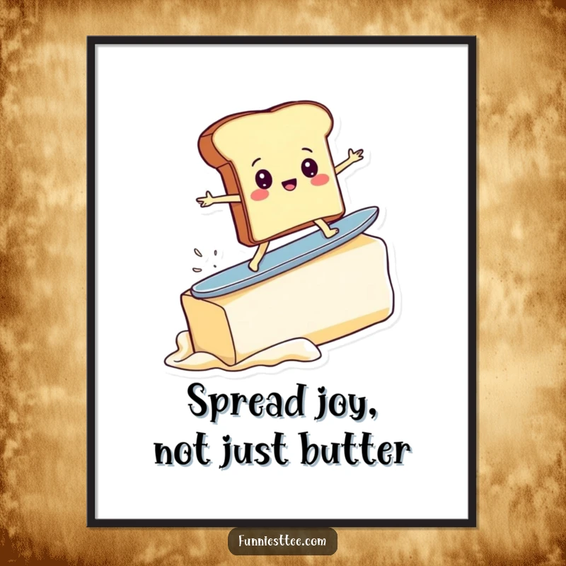 Funny free printable wall art: a determined toast character masterfully surfing a giant pat of butter on waves.