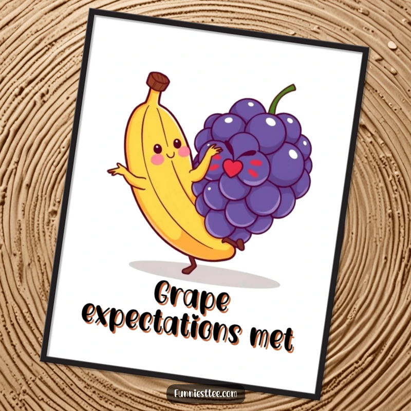 Funny free printable wall art: a dancing banana hilariously slips on a tiny grape, adding a touch of cartoon humor.