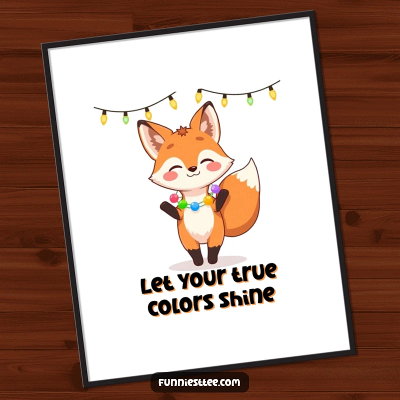 Funny Free Printable Wall Art: A giggling fox wearing a garland dances joyfully under string lights.