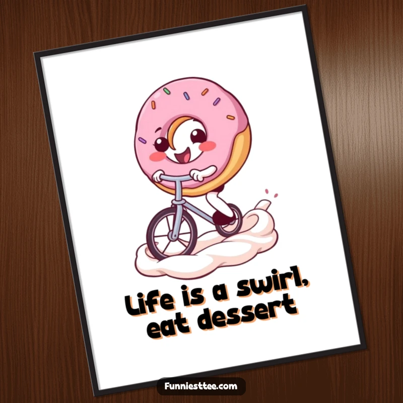 Funny Free Printable Wall Art: A happy donut skillfully rides a unicycle across a vibrant frosting swirl.