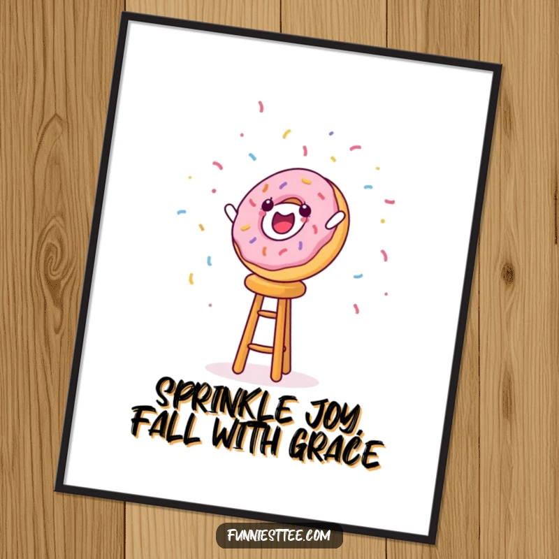 Funny Free Printable Wall Art: A cheerful donut character in mid-fall from a tall stool, with a flurry of sprinkles.
