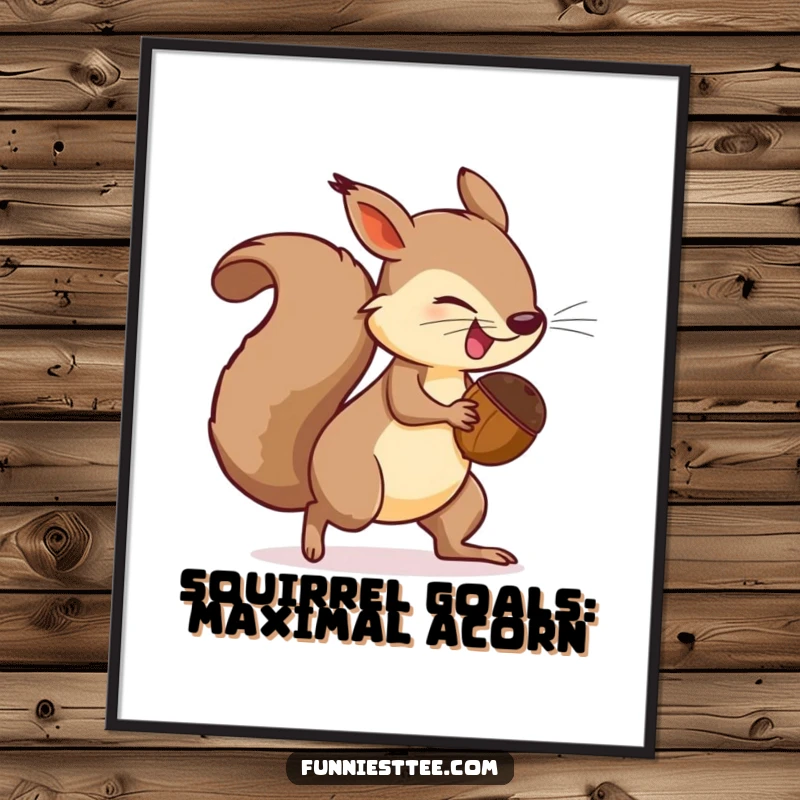 Funny Free Printable Wall Art: A determined squirrel with a huge acorn chases its own tail, whimsical decor.