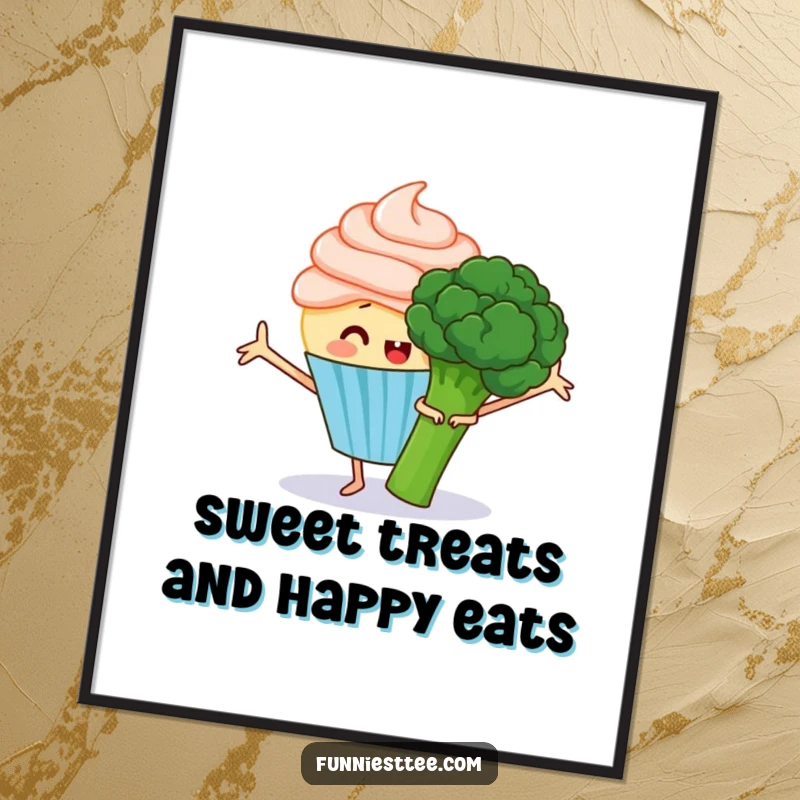 Funny Free Printable wall art showing a happy cupcake with frosting arms trying to hug a very grumpy broccoli.